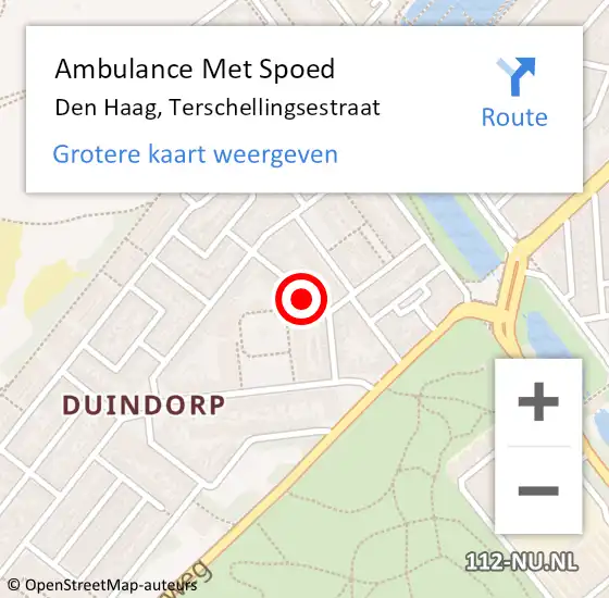 Locatie op kaart van de 112 melding: Ambulance Met Spoed Naar Den Haag, Terschellingsestraat op 5 september 2022 15:45