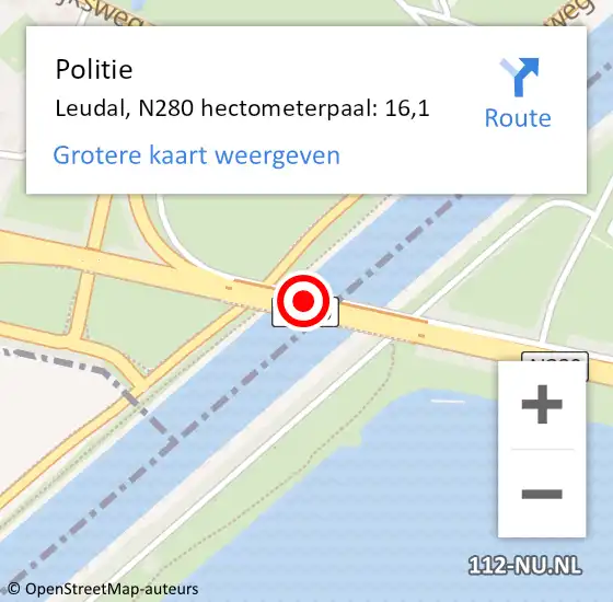 Locatie op kaart van de 112 melding: Politie Leudal, N280 hectometerpaal: 16,1 op 5 september 2022 16:54