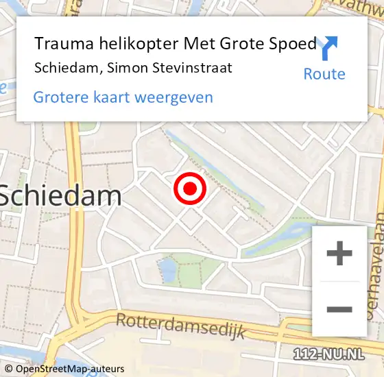 Locatie op kaart van de 112 melding: Trauma helikopter Met Grote Spoed Naar Schiedam, Simon Stevinstraat op 5 september 2022 16:57