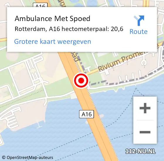 Locatie op kaart van de 112 melding: Ambulance Met Spoed Naar Rotterdam, A16 hectometerpaal: 20,6 op 5 september 2022 18:25