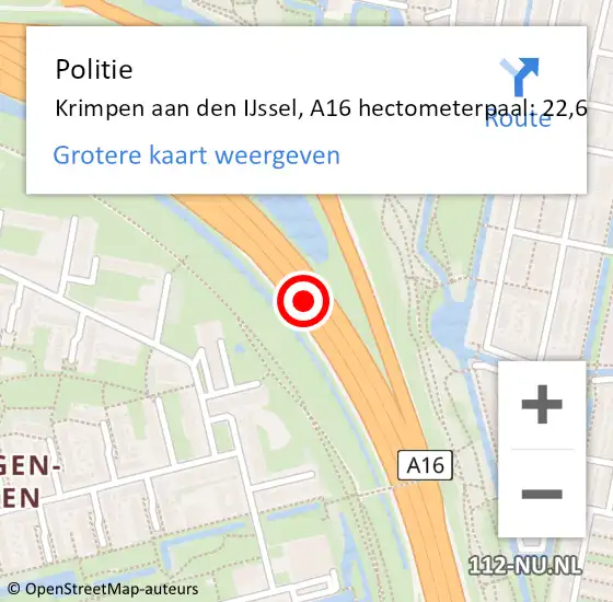 Locatie op kaart van de 112 melding: Politie Tynaarlo, A16 hectometerpaal: 22,6 op 5 september 2022 20:15