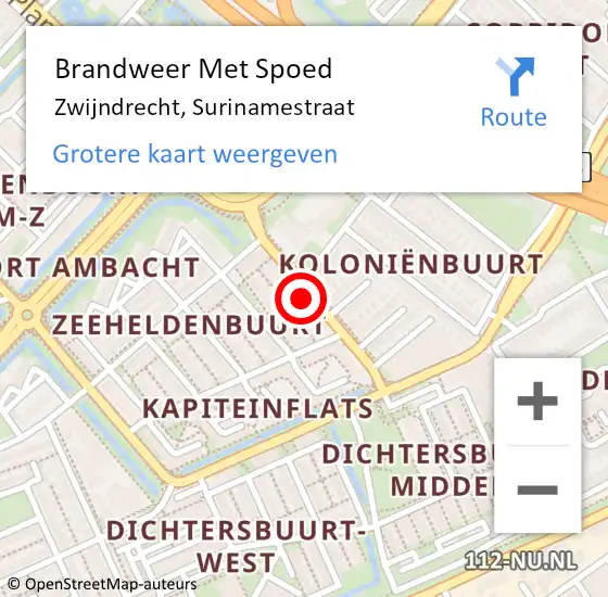 Locatie op kaart van de 112 melding: Brandweer Met Spoed Naar Zwijndrecht, Surinamestraat op 5 september 2022 20:27