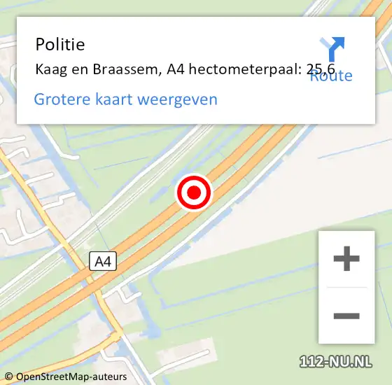 Locatie op kaart van de 112 melding: Politie Kaag en Braassem, A4 hectometerpaal: 25,6 op 5 september 2022 21:50