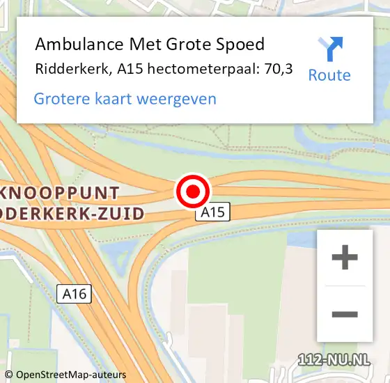 Locatie op kaart van de 112 melding: Ambulance Met Grote Spoed Naar Ridderkerk, A15 hectometerpaal: 70,3 op 5 september 2022 22:51