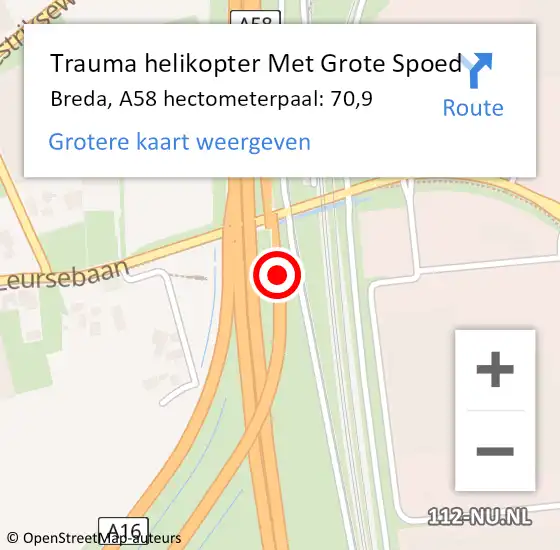 Locatie op kaart van de 112 melding: Trauma helikopter Met Grote Spoed Naar Breda, A58 hectometerpaal: 70,9 op 6 september 2022 01:30