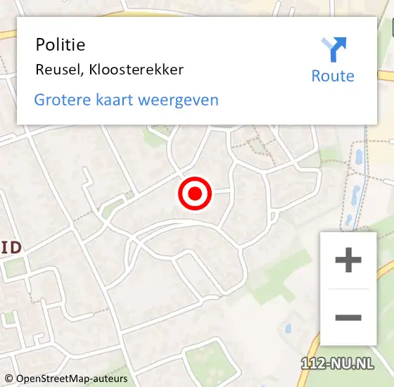 Locatie op kaart van de 112 melding: Politie Reusel, Kloosterekker op 6 september 2022 08:25