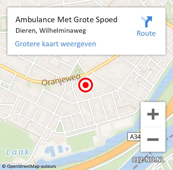 Locatie op kaart van de 112 melding: Ambulance Met Grote Spoed Naar Dieren, Wilhelminaweg op 6 september 2022 09:02