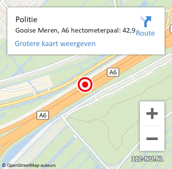 Locatie op kaart van de 112 melding: Politie Gooise Meren, A6 hectometerpaal: 42,9 op 6 september 2022 09:02