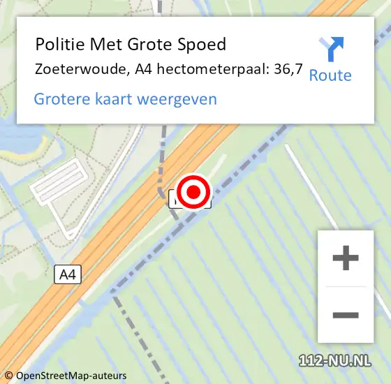 Locatie op kaart van de 112 melding: Politie Met Grote Spoed Naar Zoeterwoude, A4 hectometerpaal: 36,7 op 6 september 2022 10:01