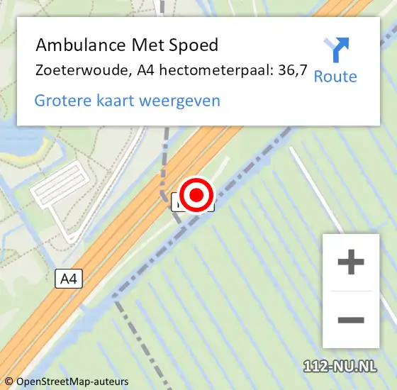 Locatie op kaart van de 112 melding: Ambulance Met Spoed Naar Zoeterwoude, A4 hectometerpaal: 36,7 op 6 september 2022 10:03