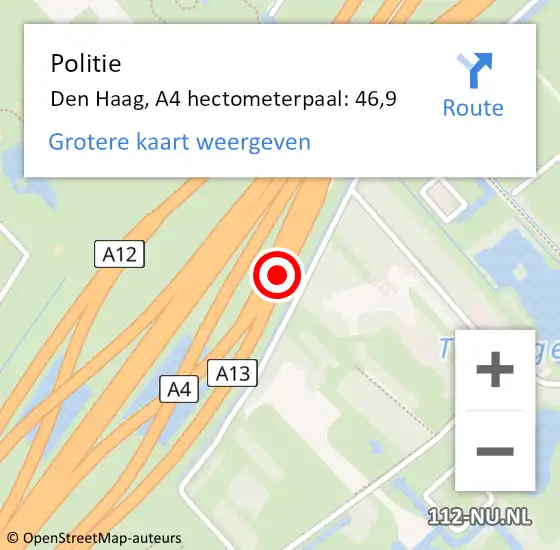 Locatie op kaart van de 112 melding: Politie Den Haag, A4 hectometerpaal: 46,9 op 6 september 2022 11:00