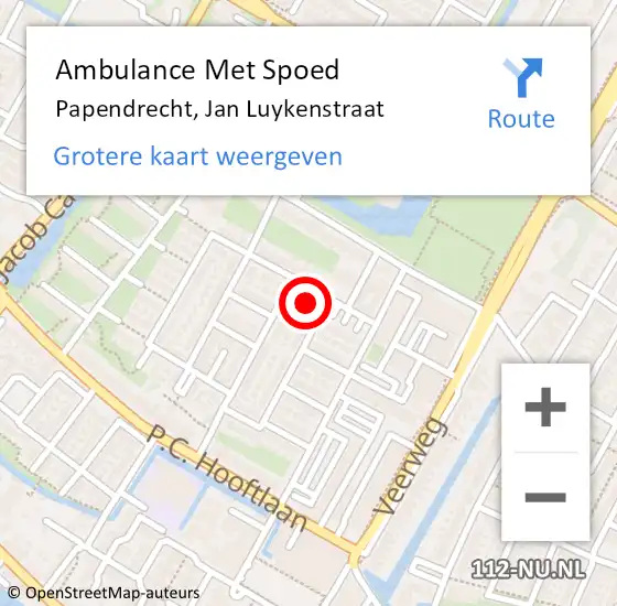 Locatie op kaart van de 112 melding: Ambulance Met Spoed Naar Papendrecht, Jan Luykenstraat op 6 september 2022 11:46