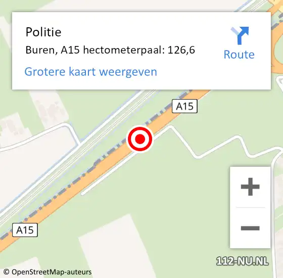 Locatie op kaart van de 112 melding: Politie Buren, A15 hectometerpaal: 126,6 op 6 september 2022 11:54