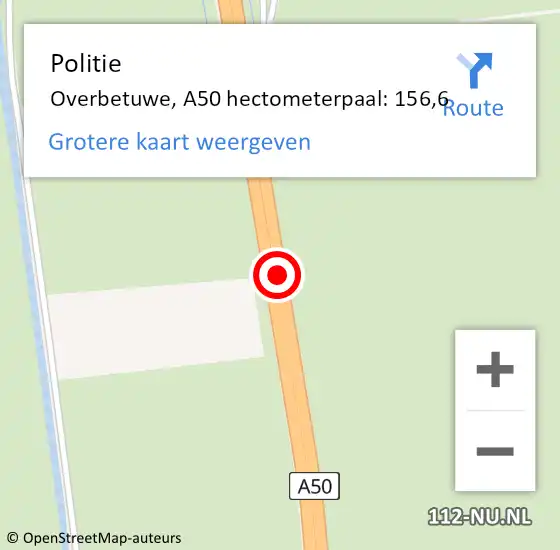 Locatie op kaart van de 112 melding: Politie Overbetuwe, A50 hectometerpaal: 156,6 op 6 september 2022 13:00