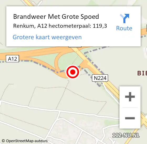 Locatie op kaart van de 112 melding: Brandweer Met Grote Spoed Naar Renkum, A12 hectometerpaal: 119,3 op 6 september 2022 13:15