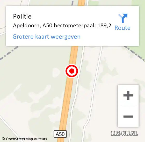 Locatie op kaart van de 112 melding: Politie Apeldoorn, A50 hectometerpaal: 189,2 op 6 september 2022 13:47