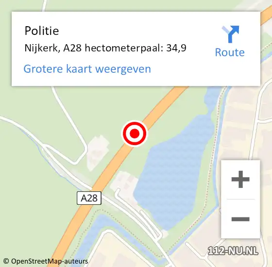Locatie op kaart van de 112 melding: Politie Nijkerk, A28 hectometerpaal: 34,9 op 6 september 2022 13:59
