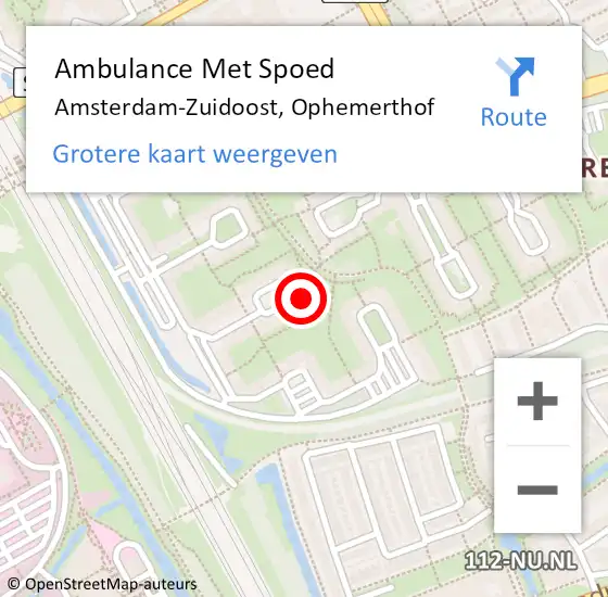 Locatie op kaart van de 112 melding: Ambulance Met Spoed Naar Amsterdam-Zuidoost, Ophemerthof op 6 september 2022 14:45