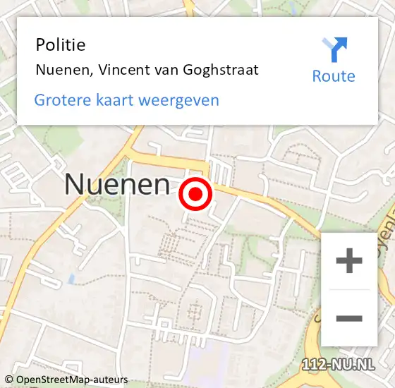 Locatie op kaart van de 112 melding: Politie Nuenen, Vincent van Goghstraat op 6 september 2022 16:28