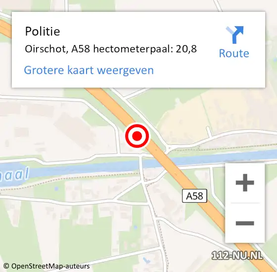 Locatie op kaart van de 112 melding: Politie Oirschot, A58 hectometerpaal: 20,8 op 6 september 2022 16:58