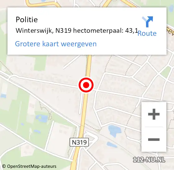 Locatie op kaart van de 112 melding: Politie Winterswijk, N319 hectometerpaal: 43,1 op 6 september 2022 17:42