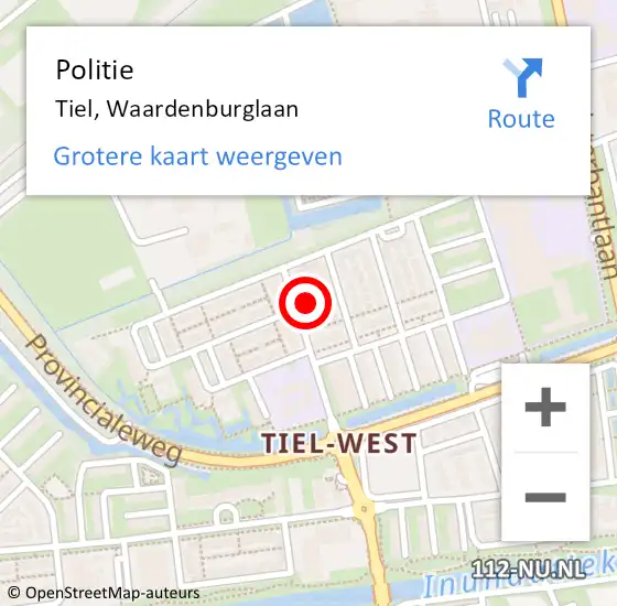 Locatie op kaart van de 112 melding: Politie Tiel, Waardenburglaan op 6 september 2022 18:06