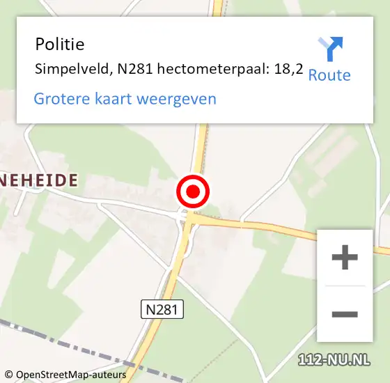 Locatie op kaart van de 112 melding: Politie Simpelveld, N281 hectometerpaal: 18,2 op 6 september 2022 18:24