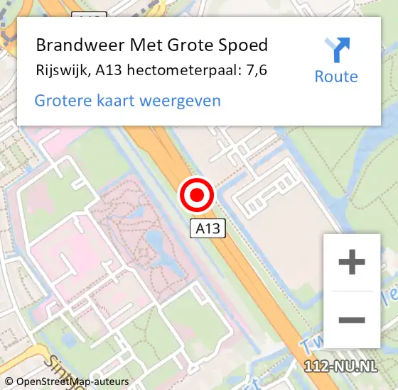 Locatie op kaart van de 112 melding: Brandweer Met Grote Spoed Naar Rijswijk, A13 hectometerpaal: 7,6 op 6 september 2022 19:03
