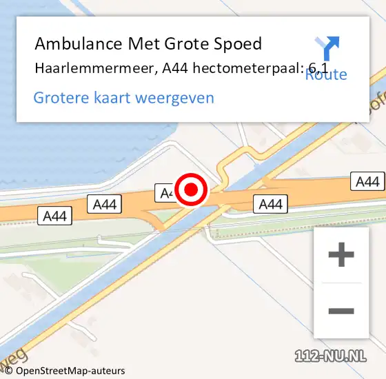 Locatie op kaart van de 112 melding: Ambulance Met Grote Spoed Naar Haarlemmermeer, A44 hectometerpaal: 6,1 op 6 september 2022 19:56