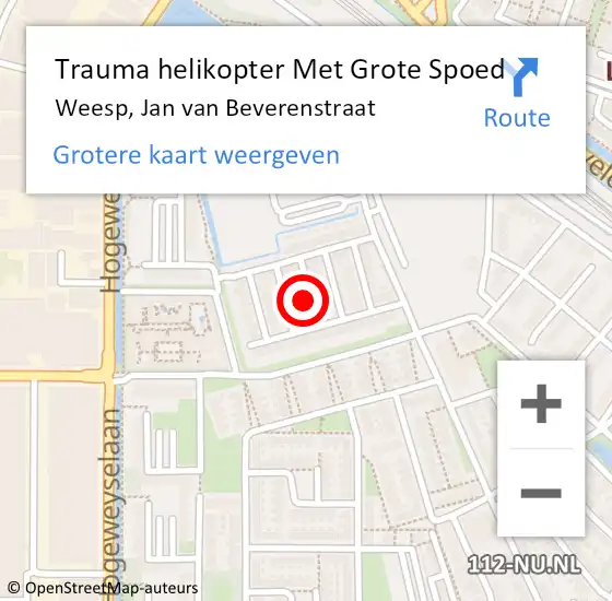 Locatie op kaart van de 112 melding: Trauma helikopter Met Grote Spoed Naar Weesp, Jan van Beverenstraat op 6 september 2022 20:26