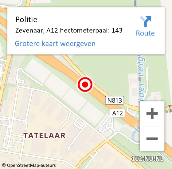 Locatie op kaart van de 112 melding: Politie Zevenaar, A12 hectometerpaal: 143 op 6 september 2022 21:08