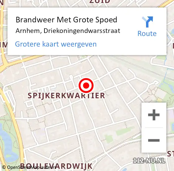 Locatie op kaart van de 112 melding: Brandweer Met Grote Spoed Naar Arnhem, Driekoningendwarsstraat op 6 september 2022 21:11