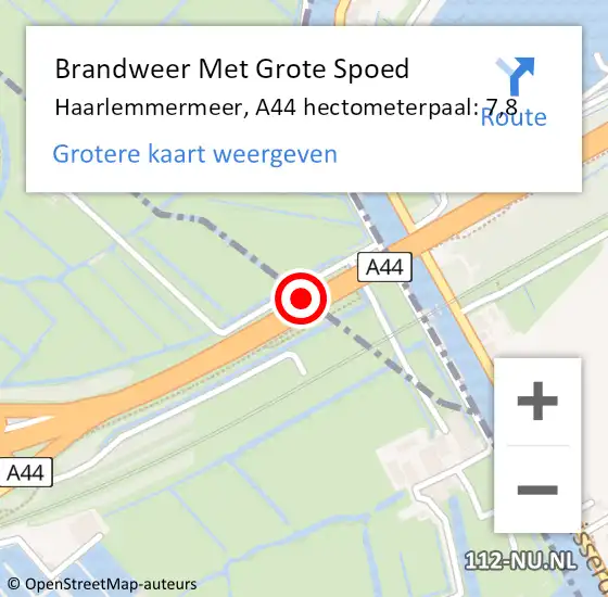 Locatie op kaart van de 112 melding: Brandweer Met Grote Spoed Naar Haarlemmermeer, A44 hectometerpaal: 7,8 op 6 september 2022 21:12
