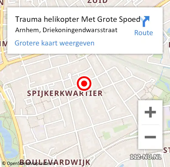 Locatie op kaart van de 112 melding: Trauma helikopter Met Grote Spoed Naar Arnhem, Driekoningendwarsstraat op 6 september 2022 21:16