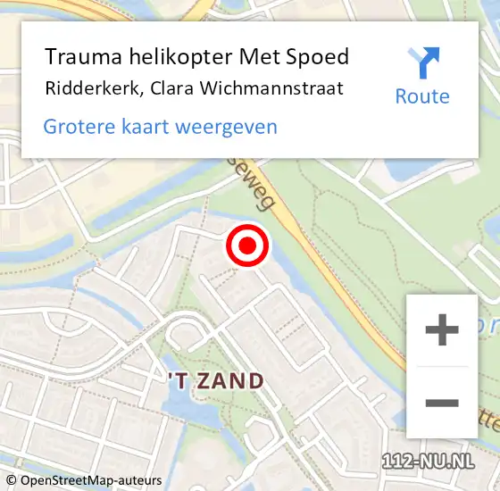 Locatie op kaart van de 112 melding: Trauma helikopter Met Spoed Naar Ridderkerk, Clara Wichmannstraat op 6 september 2022 22:17