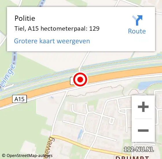 Locatie op kaart van de 112 melding: Politie Tiel, A15 hectometerpaal: 129 op 6 september 2022 23:04
