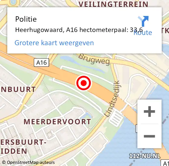 Locatie op kaart van de 112 melding: Politie Heerhugowaard, A16 hectometerpaal: 33,6 op 6 september 2022 23:31