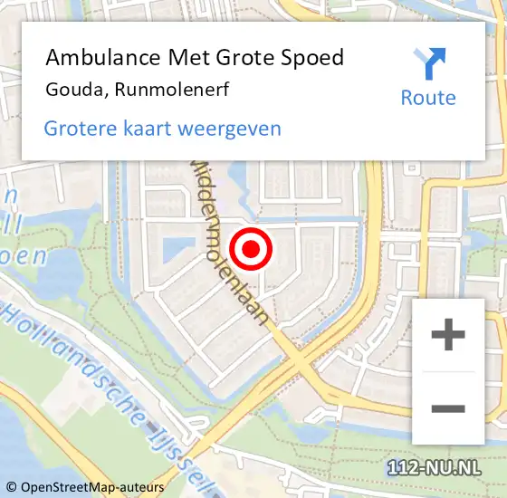 Locatie op kaart van de 112 melding: Ambulance Met Grote Spoed Naar Gouda, Runmolenerf op 7 september 2022 02:42