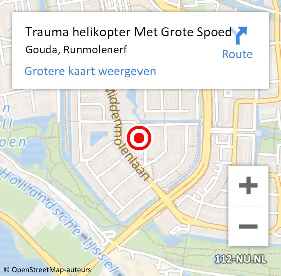 Locatie op kaart van de 112 melding: Trauma helikopter Met Grote Spoed Naar Gouda, Runmolenerf op 7 september 2022 02:44