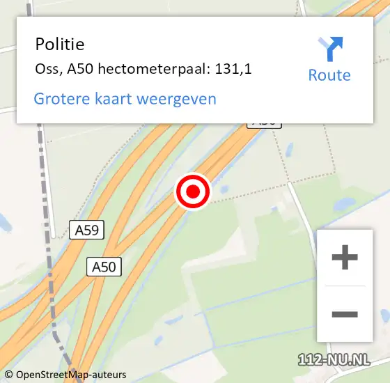 Locatie op kaart van de 112 melding: Politie Oss, A50 hectometerpaal: 131,1 op 7 september 2022 06:15