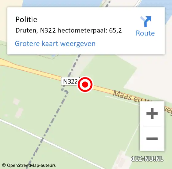 Locatie op kaart van de 112 melding: Politie Druten, N322 hectometerpaal: 65,2 op 7 september 2022 07:34