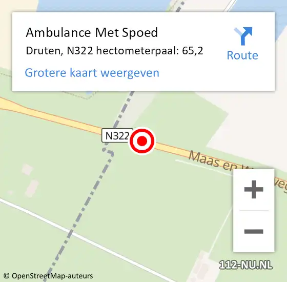 Locatie op kaart van de 112 melding: Ambulance Met Spoed Naar Druten, N322 hectometerpaal: 65,2 op 7 september 2022 07:35