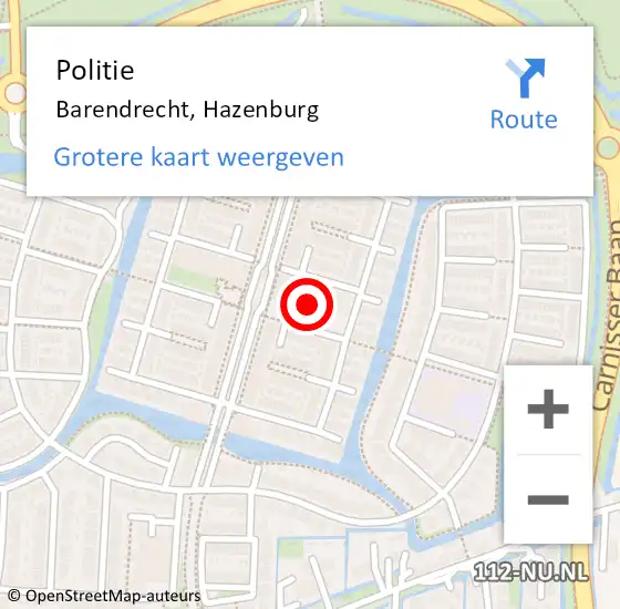 Locatie op kaart van de 112 melding: Politie Barendrecht, Hazenburg op 7 september 2022 09:02