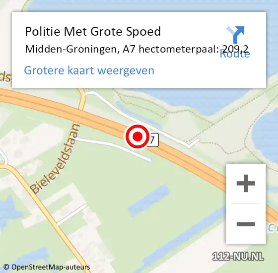 Locatie op kaart van de 112 melding: Politie Met Grote Spoed Naar Midden-Groningen, A7 hectometerpaal: 209,2 op 7 september 2022 10:16