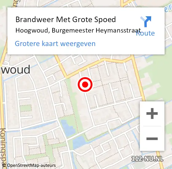 Locatie op kaart van de 112 melding: Brandweer Met Grote Spoed Naar Hoogwoud, Burgemeester Heymansstraat op 7 september 2022 10:46