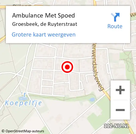 Locatie op kaart van de 112 melding: Ambulance Met Spoed Naar Groesbeek, de Ruyterstraat op 7 september 2022 11:06