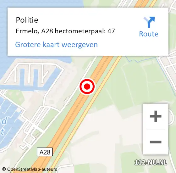 Locatie op kaart van de 112 melding: Politie Ermelo, A28 hectometerpaal: 47 op 7 september 2022 11:33