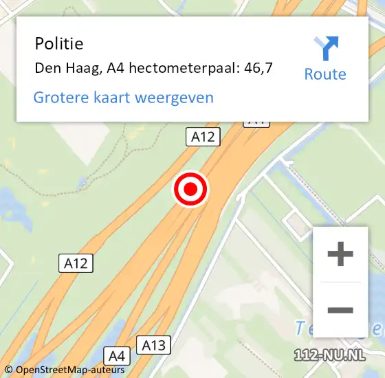 Locatie op kaart van de 112 melding: Politie Den Haag, A4 hectometerpaal: 46,7 op 7 september 2022 13:20