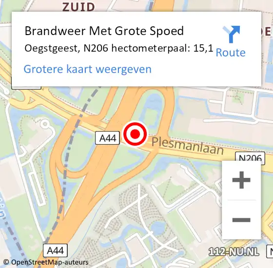 Locatie op kaart van de 112 melding: Brandweer Met Grote Spoed Naar Oegstgeest, N206 hectometerpaal: 15,1 op 7 september 2022 13:59