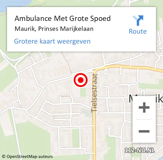 Locatie op kaart van de 112 melding: Ambulance Met Grote Spoed Naar Maurik, Prinses Marijkelaan op 7 september 2022 16:19